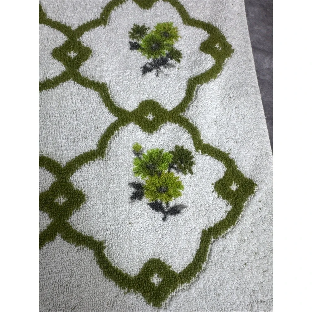 Fashion Manor  Green & White Vintage Floral Fringe‎ Towel Set Cotton Retro